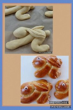 two pictures of breads with eyes and noses on them