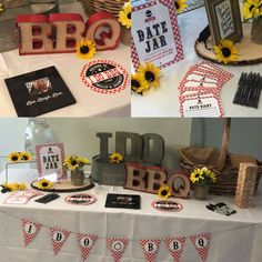 the table is decorated with sunflowers and other items for bbq party decorations