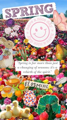 an image of spring with flowers and animals in the background, text reads spring is for more than just a changing of seasons it's a relish of the spirit