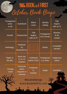 October Bookish Bingo Categories: Protagonist owns a cat, Audiobook, Black cover, Spooky setting, Title Begins with an O, Murder, Paranormal, Title begins with an R, Protagonist isn’t human, Mystery to be solved, Anthology, Featured on Bookishfirst, Free space, Gothic, Unreliable narrator, Night in the title, Book has 13 or 31 chapters, Published before 2010, Protagonist is a writer, Indigenous author, Orange cover, Character wears disguise or costume, Published in October, Magic, Gambling Tbr Pile, Book Reading Journal, Fall Reading, Bingo Card, Book Instagram