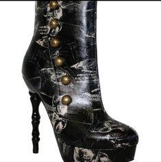 Never Worn Didn't Go With The Outfit I Bought Them For Size 7 Skeleton Print Square Toe Leather Boots, Indie Tattoo, Inked Shop, Victorian Boots, Hot Heels, Studded Boots, Black Leather Heels, Crazy Shoes, Shoe Obsession