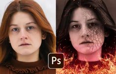 two women are shown in the same image and one has fire on her face, while the