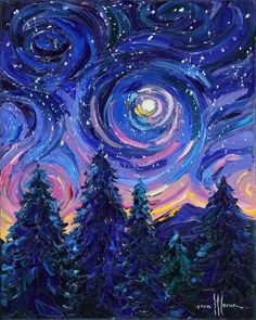 the night sky with stars and trees painted in acrylic paint on canvass