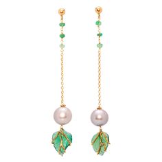 Available Now. Rossella Ugolini Design Collection, Handcrafted earrings in 18 Karat Yellow Gold 0.12 Karat Emerald beads and Green Agate leaves and grey pearls. The verdant splendor of nature finds its way into these magnificent earrings, crafted in 18k gold. Green agate leaves, handcrafted with precision and care, dangle delicately from Emerald beads, evoking the natural beauty of a lush garden. Each leaf is unique, as in nature, and features veins expertly rendered in gleaming 18k gold. These Leaves Earrings, Nature Earrings, Emerald Bead, Green Jewelry, Green Agate, Plant Species, Emerald Earrings, Pearl Earrings Dangle, Handcrafted Earrings