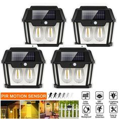 four solar powered outdoor lights with motion sensor on the front and back sides, all in black