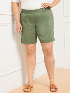 The short of the summer. Our wear-everywhere pull-on shorts with an elastic waistband for the perfect fit. Easy, comfortable, classic. Features Hits Mid Rise Above Knee Length Pull on closure Front Slash, Back Patch pockets Imported Fit: Misses: 6"; Petite: 5"; Plus: 7"; Plus Petite: 6" Material: 55% Cotton, 23% Lyocell, 22% Linen Care: Machine Wash Cold; Only Non-Chlorine Bleach When Needed; Tumble Dry Low; Cool Iron, If Needed | Pull-On Shorts - Solid Talbots Casual Pull-on Bermuda Shorts, Comfortable Pull-on Style Shorts For Spring, Casual Solid Color Pull-on Shorts, Casual Pull-on Style Shorts, Casual Bermuda Shorts With Elastic Waistband, Casual Bermuda Pull-on Shorts, Relaxed Fit Pull-on Beach Shorts, Vacation Relaxed Fit Pull-on Shorts, Relaxed Fit Pull-on Bermuda Shorts For Summer