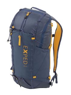 the exped backpack is blue and yellow