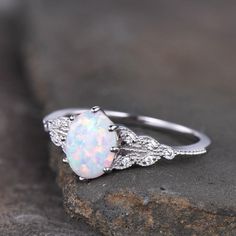 Oval Opal Ring Vintage Opal Engagement Ring White Opal | Etsy Oval Opal Engagement Ring Silver, Opal Ring Silver Band, Opal Engagement Ring Silver Simple, Simple Opal Wedding Rings, Blue Opal Ring Engagement, Opal Silver Engagement Ring, Opalite Engagement Ring, Silver Opal Engagement Ring, Opal Wedding Ring Silver