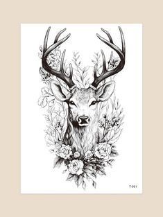 a black and white drawing of a deer with flowers on it's antlers