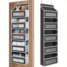 an open and closed storage rack next to each other on a white background with brown wood paneling