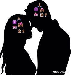 the silhouette of a man and woman kissing each other with icons on their foreheads