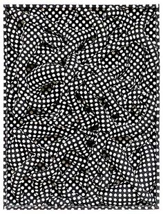 an abstract black and white painting with dots on the bottom, in square shapes that appear to be interlocked