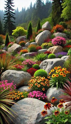 colorful flowers and rocks in the middle of a garden with evergreens, pine trees, and other greenery