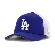 Adjustable hat. Cap is "One Size Fits Most" (OSFM). New Era Cap 9Forty A-Frame trucker hat with foam backing for the Los Angeles Dodgers, featuring team colors. This adjustable trucker hat is an amazing choice for anyone’s wardrobe, as it’s really great for everyday wear. Coming in at a superlight weight of under 3 ounces, it barely makes its presence known on your head, making it easy to wear for long hours without any discomfort. The flexible cotton crown makes it form-fitting without suffocat Blue Collegiate Fitted Hat For Streetwear, Blue Visor Fitted Hat For Baseball Season, Blue Adjustable Trucker Hat For Baseball Season, Adjustable Blue Trucker Hat For Baseball Season, Blue Visor Fitted Hat For Streetwear, Blue Trucker Baseball Cap For Streetwear, Blue Trucker Baseball Cap With Visor, Collegiate Blue Hats For Streetwear, Blue Trucker Style Baseball Cap With Visor