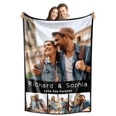 a man and woman are holding up a personalized photo blanket that says, richard & sopha love your forever