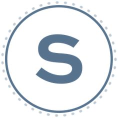 the letter s in a circle with dots around it is white and has blue trim