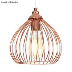 a light that is hanging from a ceiling fixture with wire in the shape of a birdcage