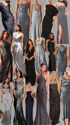 many different types of dresses on display in a collage with the same woman's face