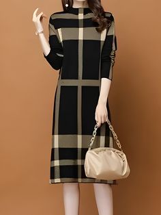 Come to Stylewe to buy Sweater Dresses at a discounted price, SPU: 11RSW9131AF, Color: Black, Activity:Daily, Theme:Autumn. Sweater Midi Dress, Winter Model, Plaid Sweater, Urban Dresses, Sweater Dress Midi, Long Sleeve Plaid, Women Sleeve, Daily Dress, Long Sleeve Midi