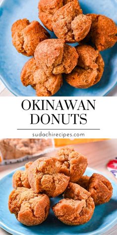 Freshly fried sata andagi (Okinawan brown sugar donuts) with crispy, crackled exterior served on bright blue ceramic plates Okinawa Food, Japanese Dessert, Japanese Sweets, Authentic Recipes