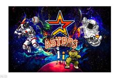 an image of astros with space and stars in the background, as well as two astronauts