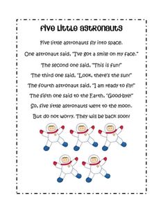 the five little astronauts poem is shown in red, white and blue with black dots