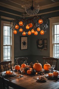 a dining room table with pumpkins on it and candles hanging from the chandelier