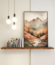 a painting is hanging on the wall above a shelf