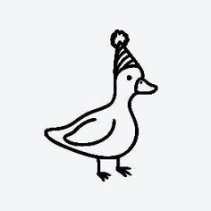 a black and white drawing of a duck wearing a party hat