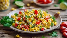 a white plate topped with corn salad next to tomatoes and cilantros on a wooden table