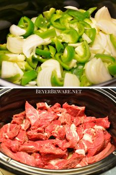 two pictures side by side showing the process of cooking beef and onions in an instant pressure cooker