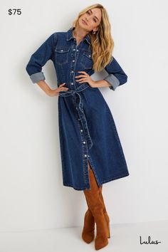 Denim is always an iconic choice, so elevate your seasonal wardrobe with the Lulus Edgy Instinct Dark Wash Denim Long Sleeve Midi Dress! Sturdy cotton denim shapes this undeniably cool dress that has long sleeves with snap-button cuffs and a collared neckline. Bodice boasts two flap pockets with snap closures and a full snap button placket at front. Waist features belt loops and a removable sash belt, atop a column-style skirt that ends at a midi hem. Fit: This garment fits true to size. Length: Medium Wash Long Sleeve Midi Dress For Fall, Long Sleeve Medium Wash Midi Dress For Fall, Medium Wash Denim Dress For Fall, Denim Blue Workwear Dress For Fall, Fall Medium Wash Denim Dress, Denim Blue Dress For Workwear In Fall, Fall Medium Wash Denim Midi Dress, Fall Midi Denim Dress In Medium Wash, Relaxed Fit Denim Dresses For Fall