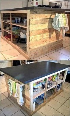 two pictures of a kitchen island made out of pallet wood and an open shelf