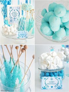 blue and white desserts are displayed in glass bowls, including marshmallows