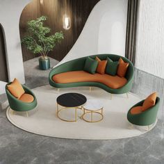 a living room filled with lots of furniture and a round table on top of a rug