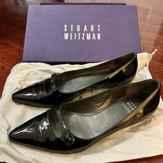 Beautiful Brand New Stuart Weitzman Obladi Black Patent Flats, Size 7.5. (They Seemed To Fit In The Store And When I Got Home And Tried Them On, I Concluded They Were Too Tight. So They’ve On Been Worn For A Few Minutes, Walking Around The House, Feeling Them Out.) Patent Leather Slip-on Court Shoes For Formal Occasions, Elegant Patent Leather Slip-on Court Shoes, Designer Low Heel Court Shoes For Work, Designer Court Shoes With Low Heel For Work, Stuart Weitzman Shoes, Fit In, Stuart Weitzman, Flat Shoes Women, Loafer Flats