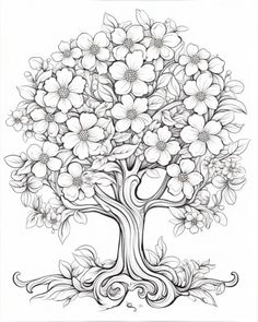 a drawing of a tree with lots of flowers on the branches and leaves around it