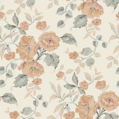 a wallpaper with flowers and leaves on it's side, in shades of beige