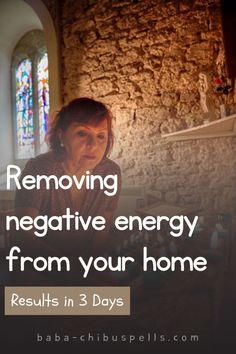 a woman sitting in front of a laptop computer with the words removing negative energy from your home results in 3 days