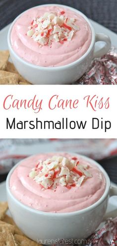 two bowls filled with candy cane kiss marshmallow dip on top of crackers