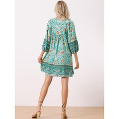 You will love this sweet dress in your spring-summer outings. This dress features a 3/4 sleeve and v-neck with a floral printed design. The gorgeous floral print dress can catch everyone's attention on every occasion. This summer boho dress is perfect for the beach, vacation, dating, wedding, birthday, anniversary, homecoming, cocktail, party, club, dinner, holiday, and casual daily wear. Printed Half Sleeve Beach Dress, Summer Printed Dresses With 3/4 Sleeves, Summer Printed Dress With 3/4 Sleeves, Printed Summer Dress With 3/4 Sleeves, Printed Half Sleeve Vacation Dresses, Printed Half Sleeve Dresses For Vacation, Casual Floral Print Dress With 3/4 Sleeves, Green Boho V-neck Dress For Spring, Green Boho Dress With Floral Print And V-neck