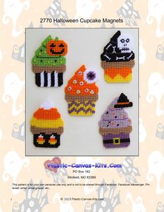 four halloween cupcake magnets are shown