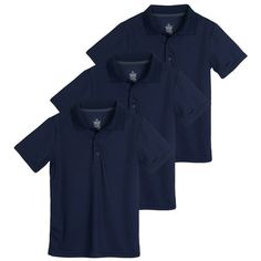 Introducing the Real Essentials Boys' Polo Shirt - a versatile addition to your young athlete's wardrobe. Designed to meet the needs of active boys, this polo offers a stylish and comfortable fit for school uniforms, golf outings, or everyday wear. Available in kids' size 7, this polo shirt comes in timeless black and vibrant blue options. The collared design adds a polished look suitable for formal and casual occasions. Crafted with moisture-wicking fabric, it keeps your child cool and dry duri Sporty Collared T-shirt, Navy Cotton Moisture-wicking Polo Shirt, Navy Sporty Shirt For Sports, Solid Color Collared Sports Top, Casual Navy Sports Shirt, Solid Color Collared Sport Tops, Navy Casual Sports Shirt, Solid Collared Sports Top, Casual Navy Shirt For Sports