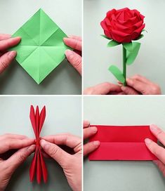 four pictures showing how to make an origami rose with red paper and scissors