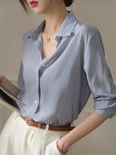 Very comfortable and nice set. Blue Shirt Women, Chiffon Fashion, Shirt Long Sleeve, Button Front Shirt, Office Work, Fall Outfits Women, Steel Blue, Blue Shirt, Clothing Patterns