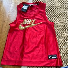 Nike Women's Sportswear Glam Dunk Jersey Sequined-Logo Tank Top -Red Red Tank Top For Streetwear, Red Casual Tank Top For Streetwear, Red Tops For Sports Events In Summer, Red Tops For Summer Sports Events, Red Summer Tops For Sports Events, Nike Sleeveless Streetwear Tops, Nike Sleeveless Tops For Streetwear, Sporty University Red Tops For Streetwear, Nike Red Tops For Streetwear