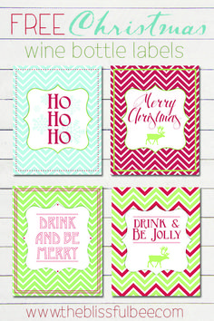 four christmas wine bottle labels with the words merry and merry written in red, green and white