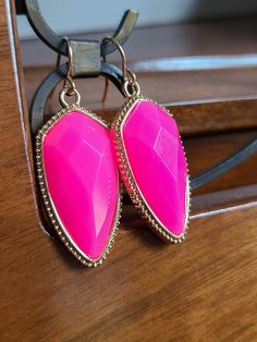 Hot pink dangles approx 2 in. Handmade Pink Drop Jewelry, Pink Teardrop Jewelry For Party, Pink Drop Earrings For Party, Adjustable Pink Teardrop Jewelry, Adjustable Teardrop Pink Jewelry, Adjustable Pink Dangle Earrings, Pink Dangle Jewelry For Party, Trendy Pink Dangle Jewelry, Trendy Pink Dangle Earrings