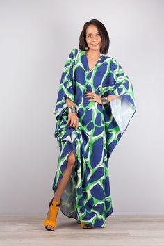 "V neck kaftan dress, blue green dress, Boho summer dress, Long maxi dress perfect as swimsuit cover up, beach dress It is a very stylish garment and the long sleeves definitely give it that romantic touch. Produced by NUICHAN & Co PRODUCT SIZE :  * Chest : max 58\" * Waist : max 58\" * Hips : max 58\"  * Length : 55\" from shoulder to hem * Sleeve Length : 20\" from neckline to hem MATERIAL  * Rayon * Print can be in a slightly different position. MODEL : * Model chest : 32\", waist : 24\" hips Green V-neck Maxi Dress For Beach Cover-up, Green Bohemian V-neck Dress For Summer, Green V-neck Dress For Vacation, Green V-neck Vacation Dress, Multicolor Maxi V-neck Dress For Vacation, Green V-neck Beach Dress For Vacation, Green V-neck Midi Dress For Beach, Flowy Blue V-neck Dress For Vacation, Chic Floor-length Kaftan For Vacation