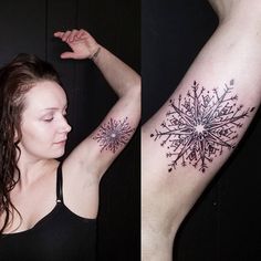 two pictures of a woman with a snowflake tattoo on her arm and shoulder